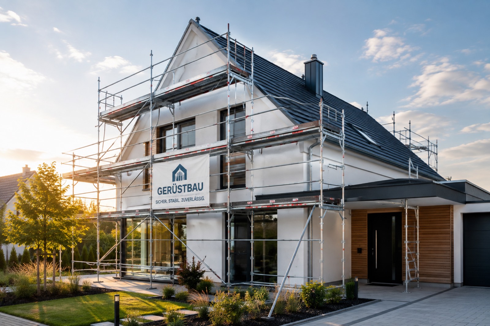 Gerüst an einem Einfamilienhaus mit Giebel und Carport