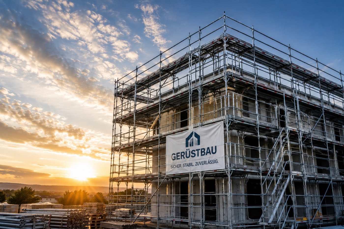 Eingerüsteter Neubau mit Treppenaufstieg und Gerüstbau-Banner
