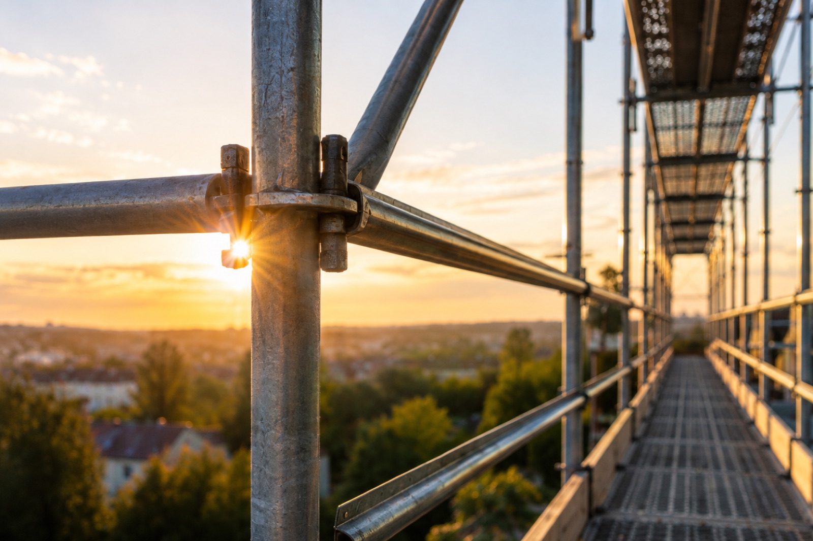 Detailaufnahme einer Gerüstkupplung mit Blick über die Gerüstlage